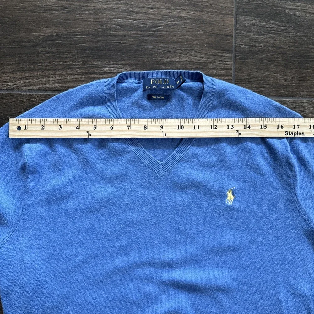 Polo Ralph Lauren Sweater Men Medium Blue V Neck Pima Cotton Lightweight